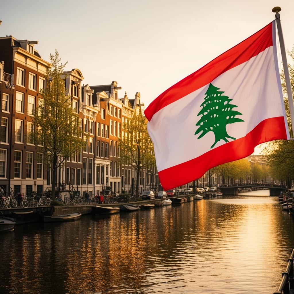 Amsterdam canal houses with a Lebanese flag